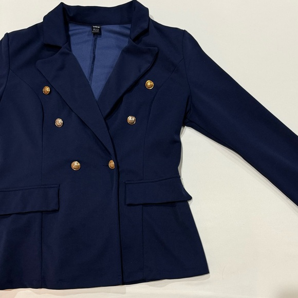 SHEIN Navy Blue Double Breasted Blazer w Gold Buttons & Notch Collar Size L - Picture 7 of 12